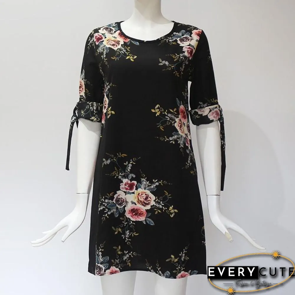 Women Chiffon Floral Print Mini Dress Boho Beach Half Sleeve Elegant Dress Black Dresses