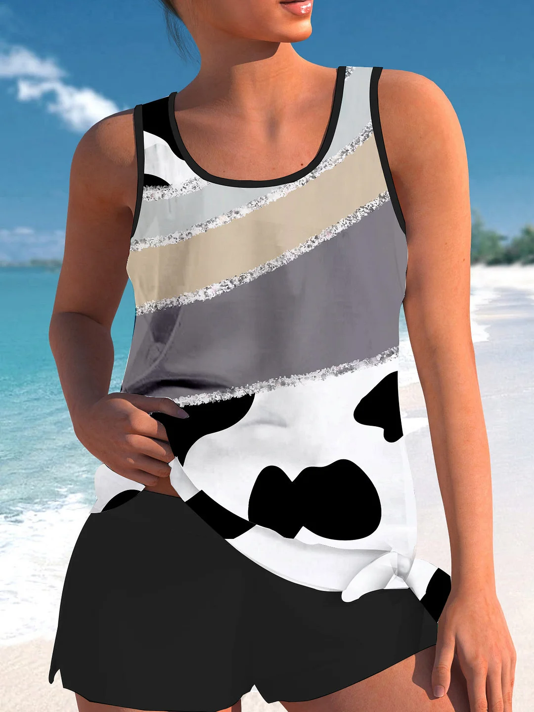 Bowknot Black Colorblock Graphic Printed Mid Waisted Tankini Set - Plus Size Available