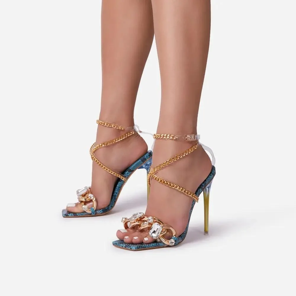 Sexy Summer Sandals Shoes for Women Party Cross-Tied Rome Classics Lace-up Concise Mixed Colors Peep Toe Chain Serpentine Pvc