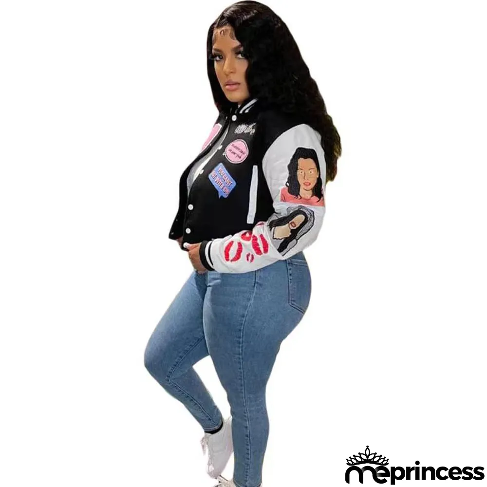 Women's Fashion Printed Baseball Jacket Bomber Coat