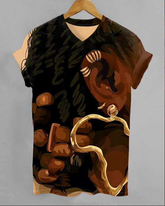 Street Fashion Map Metal Earrings Women Printed V-neck Short Sleeve Shirt
