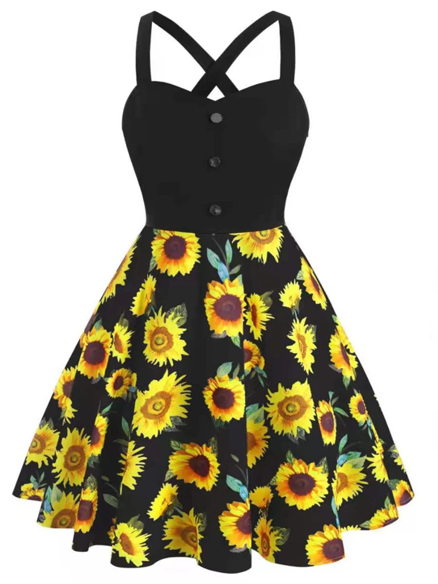 Women's Vintage Dress Sunflower Butterfly Backless Criss Cross Button Swing Dresses