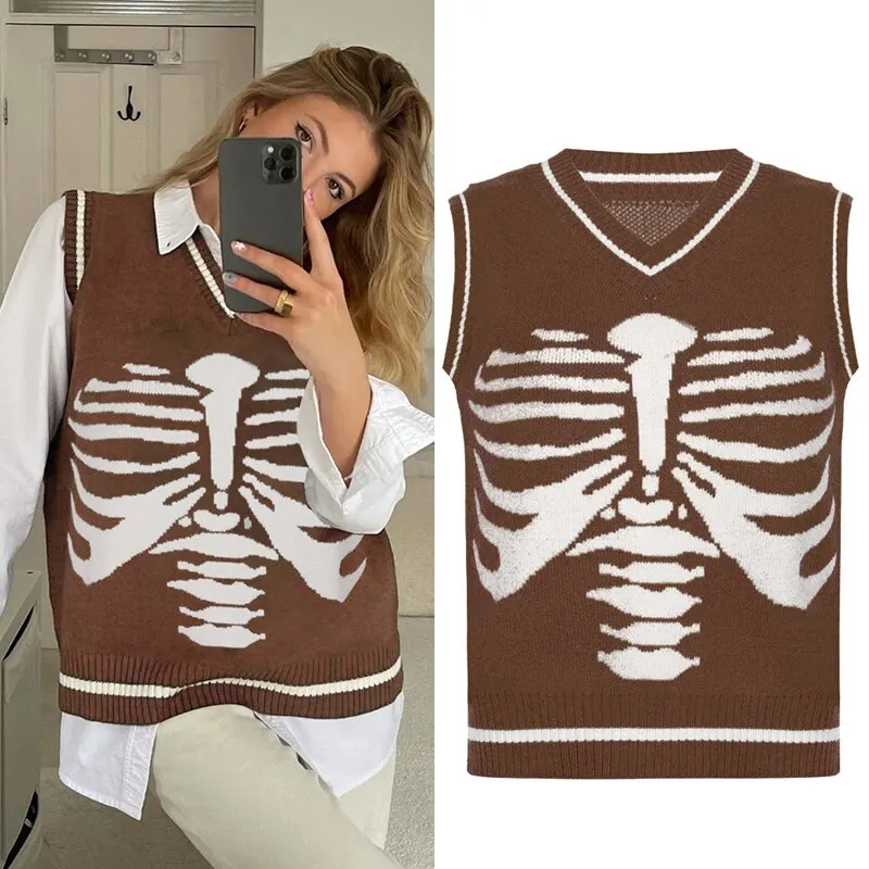 HEYounGIRL Skull Print V Neck  Oversized Sweater Harajuku Casual Loose Knitted Top Pullovers Korean Punk Ladies Jumper Winter