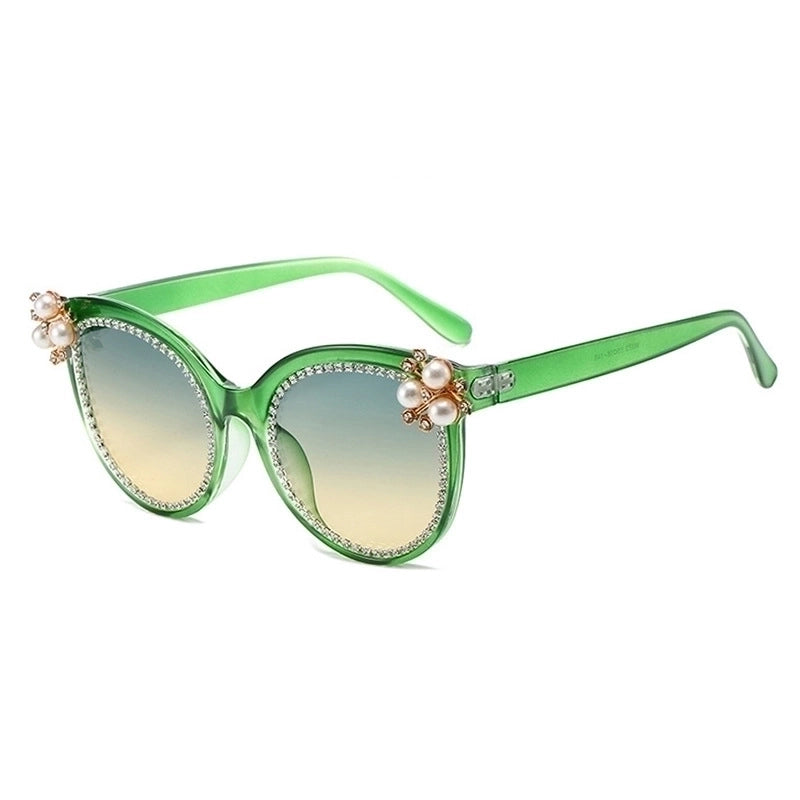Elegant Color Block Pc Cat Eye Inlaid Pearls Inlaid Zircon Full Frame Women’s Sunglasses