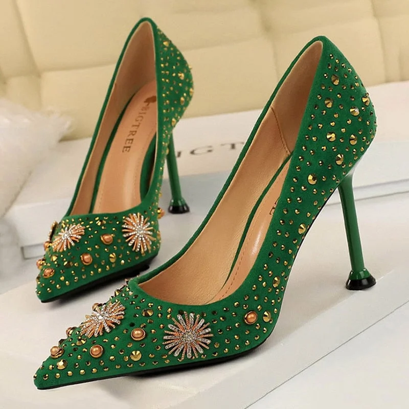 BIGTREE Shoes Rhinestone Women Pumps Sexy Party Shoes High Heels Wedding Shoes Plus Size 43 Female Stiletto Suede Women Shoes