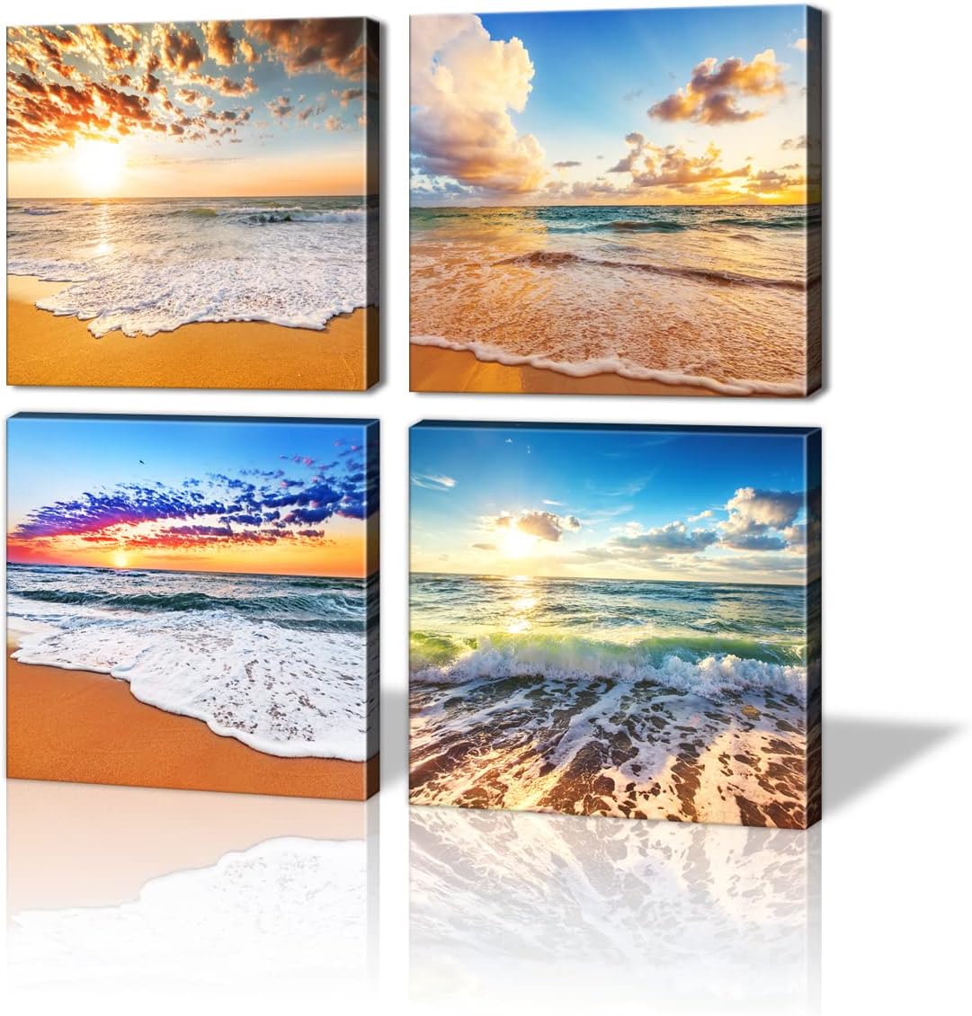 Cbaipy Ocean Wall Art, Bathroom Wall Art, Beach Wall Art Decor, Modern Canvas Wall Art Decorations for Bathroom Bedroom and Living Room (Seascape, 12 inch  Wx12 Hx4pcs) Seascape
