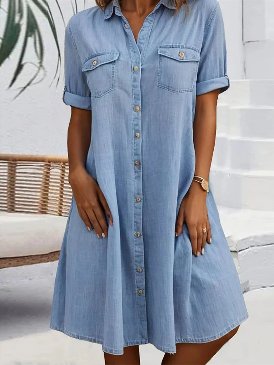 Women Short Sleeve Shirt Collar Solid Button Pockets Denim Midi Dress