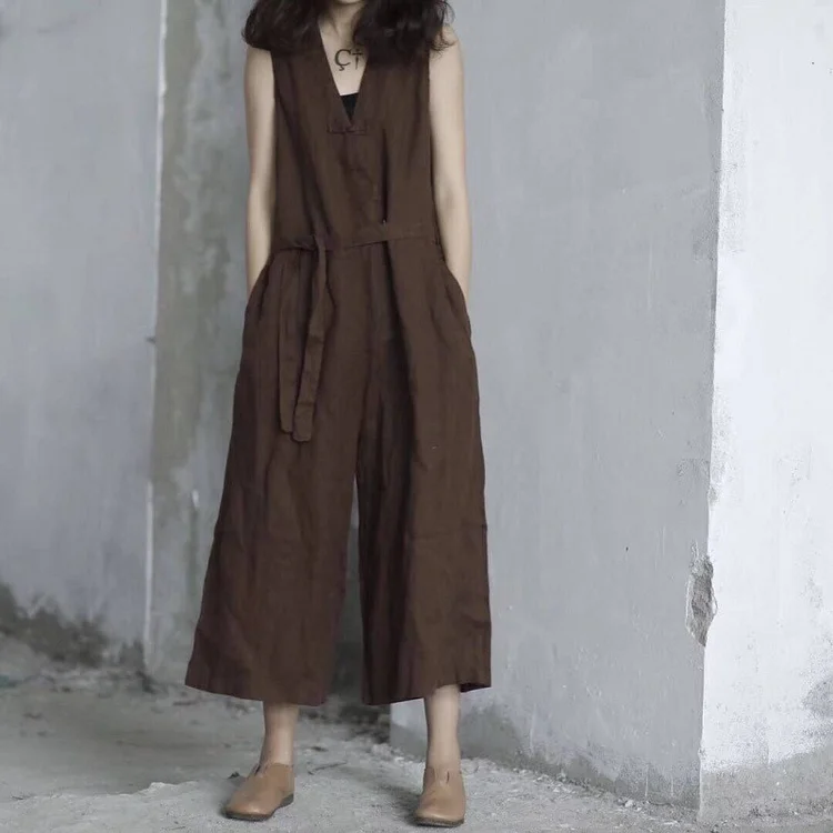 Casual Literary Solid Color Linen Jumpsuit