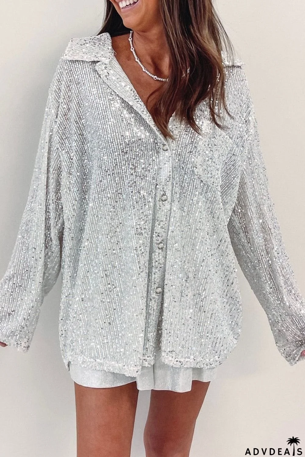 Silver Sequin Pocketed Loose Shirt