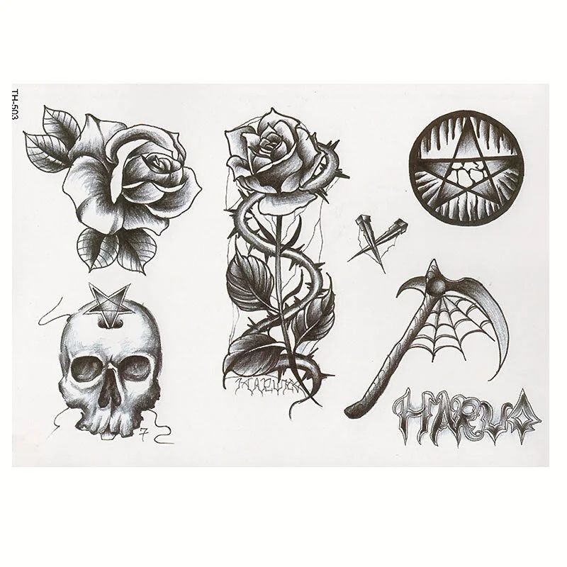 CROWN SKULL SCYTHE DEATH ANGEL WINGS CROSS TEMPORARY TATTOO, CRUCIFIX, BODY ART, MENS, WOMENS
