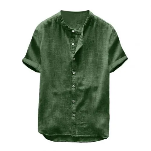 Men Casual Solid Color Short Sleeve Cotton Linen Button Down Beach Loose Shirt Suitable for work school travel daily wear