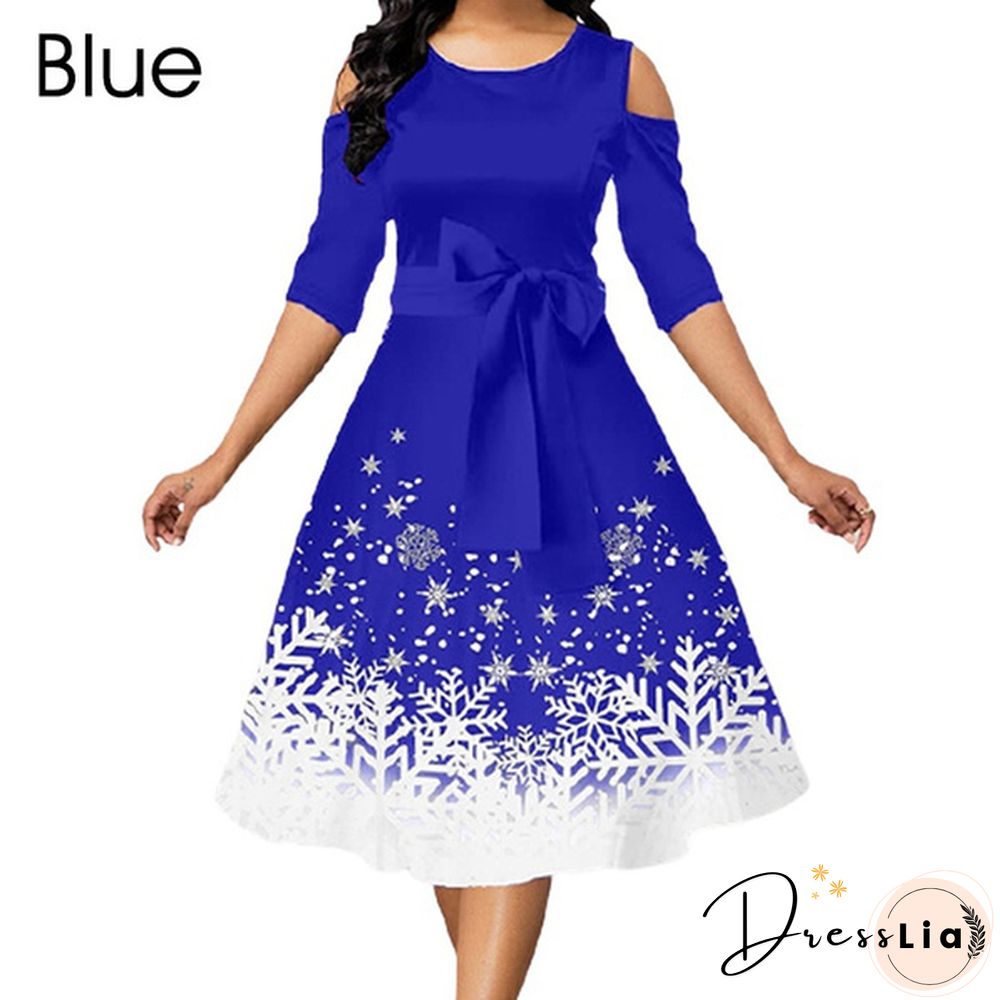 Women Fashion Belted Snowflake Print Christmas Dress Cold Shoulder Round Neck Party Dress Plus Size A-Line Dresses