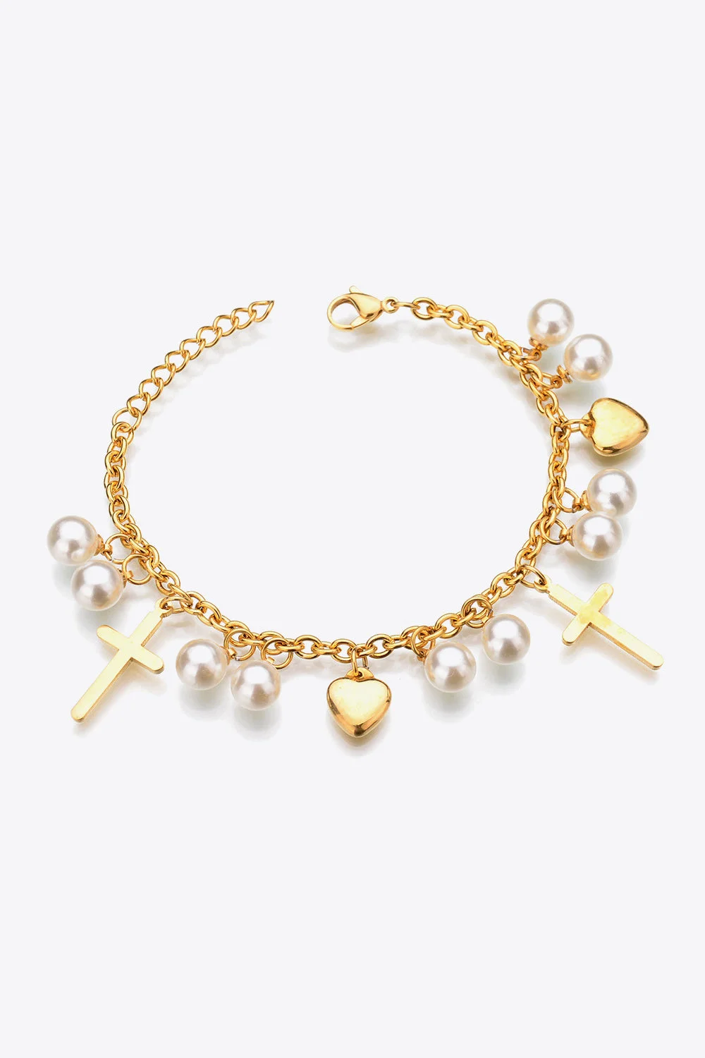 Back to school Heart Cross and Pearl Charm Stainless Steel Bracelet