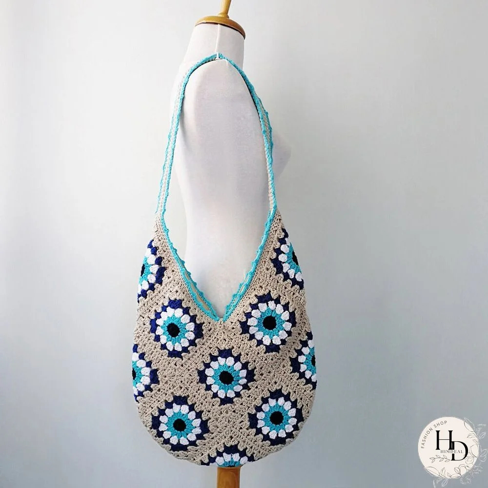 Multi Colors Hand Woven Knit Summer Sunflower Daisy Flowers Tote Bag