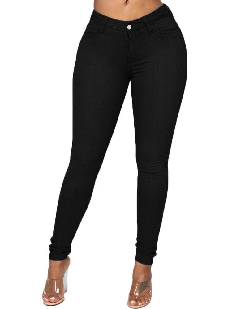 Pencil Pants Button Plain Women's Slim Mid Waist Jeans