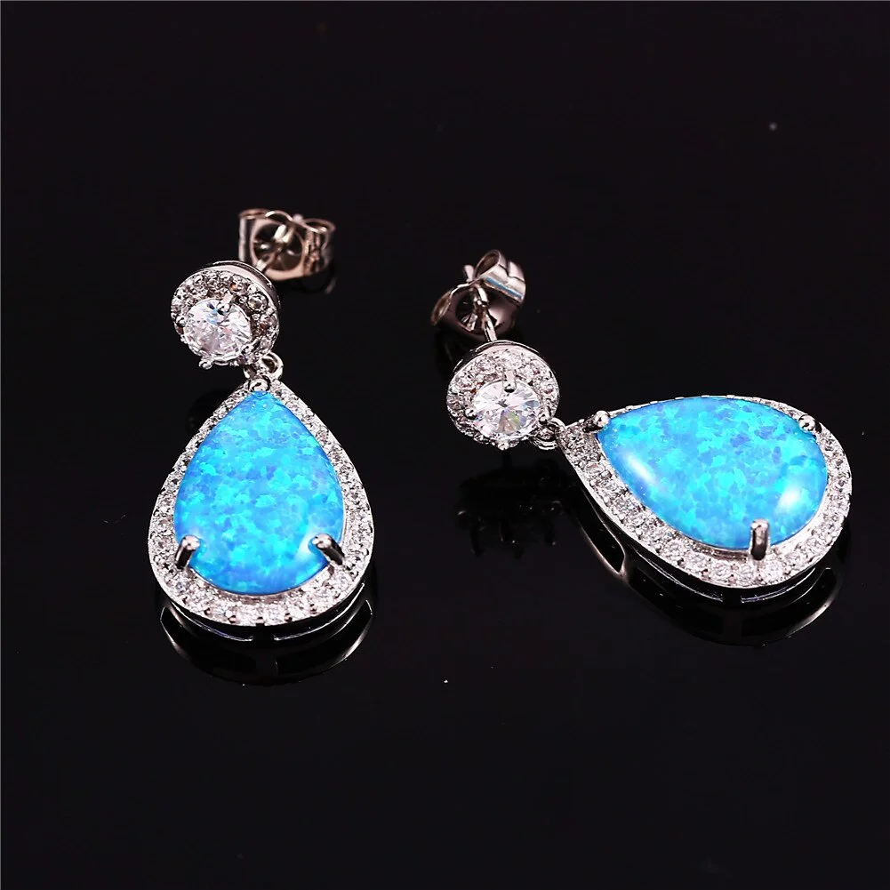 Luxury Female White Round Crystal Earrings Charm Silver Color Dangle Earrings Trendy Blue White Opal Wedding Earrings For Women
