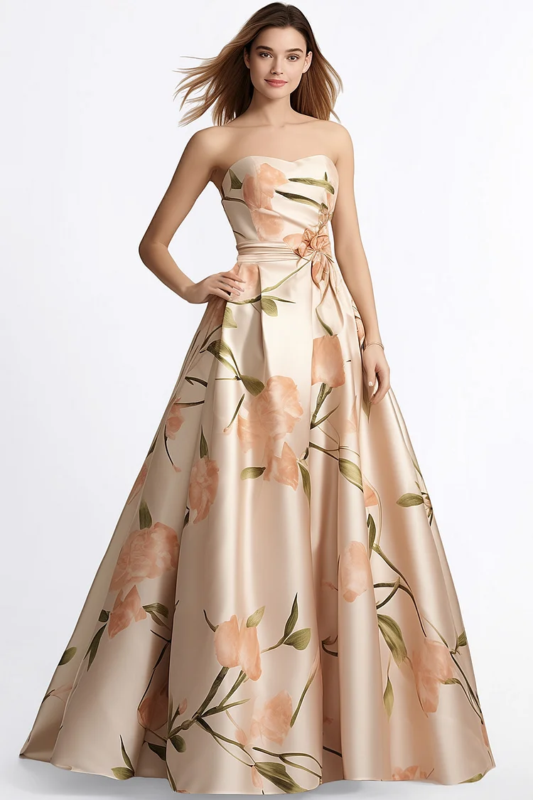 Zaruci Prom Champagne Satin Floral Print Strapless Maxi Dress [Pre-Order]
