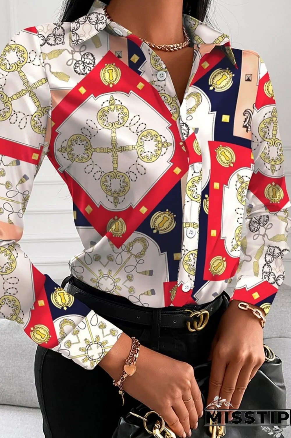 Black Red Casual Print Patchwork Shirt Collar Tops