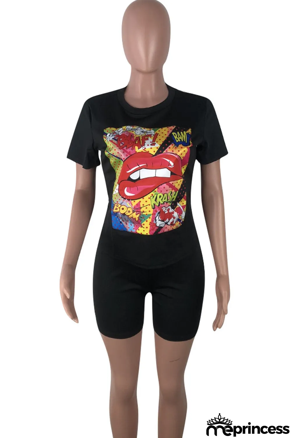 Orange Casual Letter Print Split Joint O Neck Short Sleeve Two Pieces