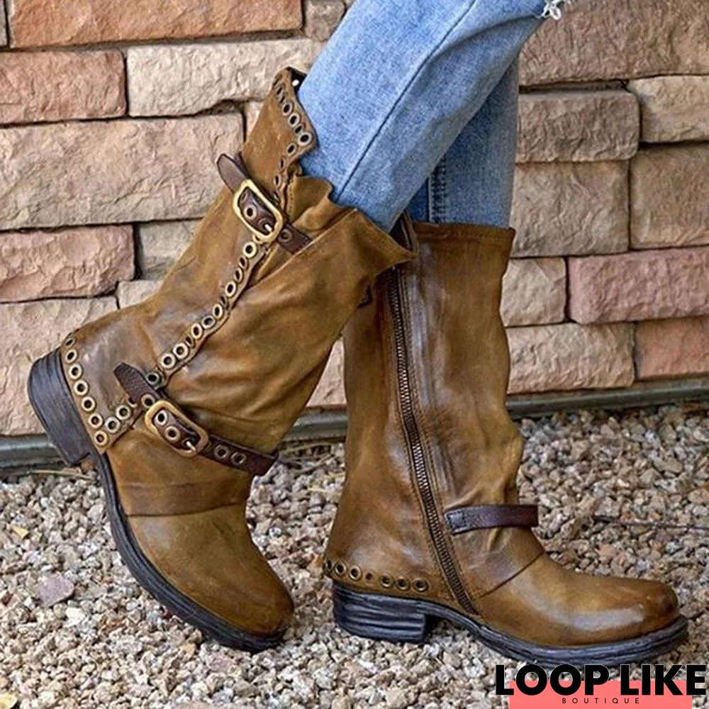 Women Belt Low Heel Mid Boots