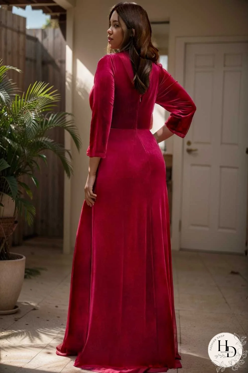 velvet 3 4 length sleeve illusion v neck front slit evening dress
