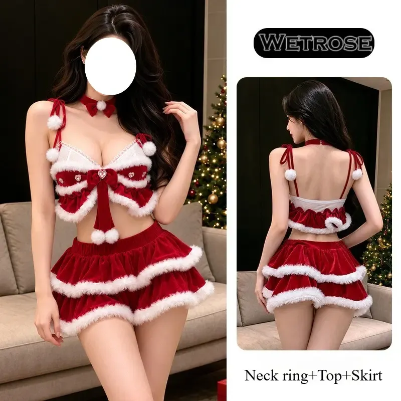 [Wetrose] In Stock Red White Velvet Christmas Bow Skirt Set Holiday Party Outfit Cosplay Costume Xmas
