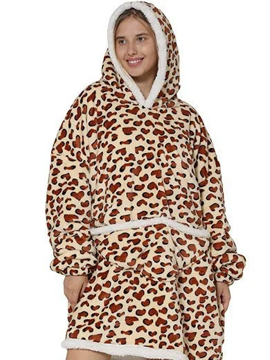 Leopard Oversized Fleece Printed Blanket Loose Hooded Pajamas