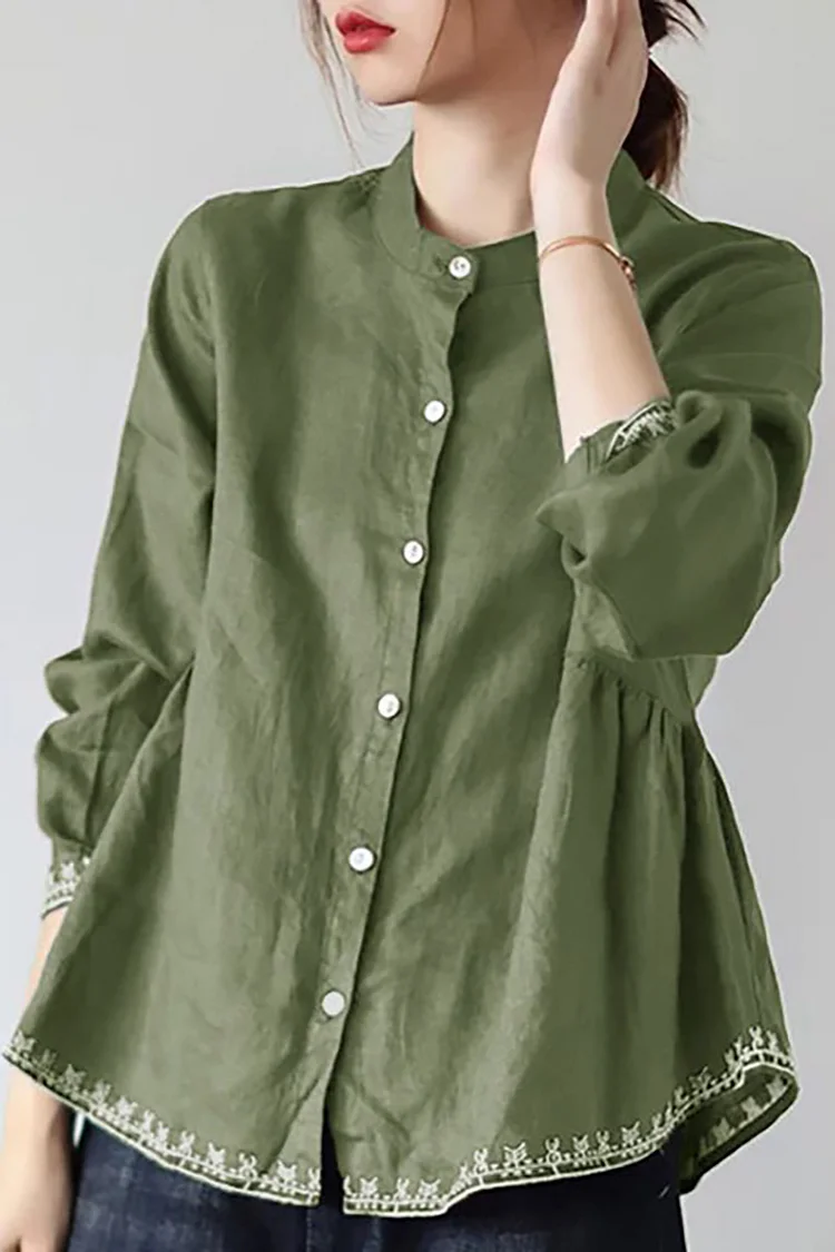 Long Puffy Sleeve Round Neck Linen Blouse