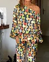 Polka Dot Print One Shoulder Long Sleeve Top & Pants Two Piece Set