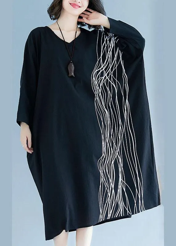 French Black Bat Wing Sleeve V Neck Print Patchwork Fall Maxi Dress