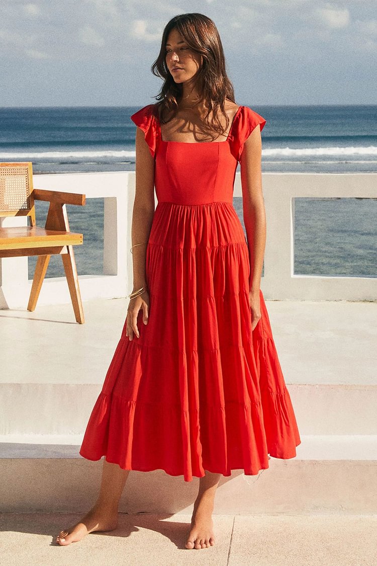 Ruffle Sleeve Square Neck Pleated Tiered Vacation Midi Dress