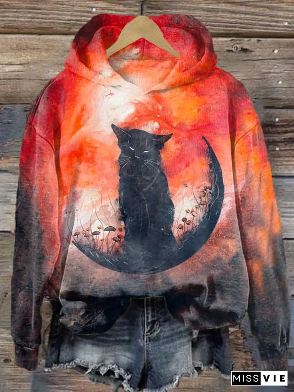 Fashion Casual Loose Art Cat Halloween Print Hoodie