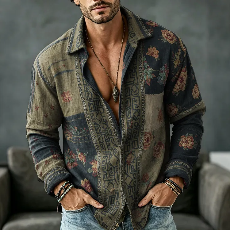 Men's Vintage Floral  Patchwork Printed Art Print Flowy Linen Blend Casual Shirt