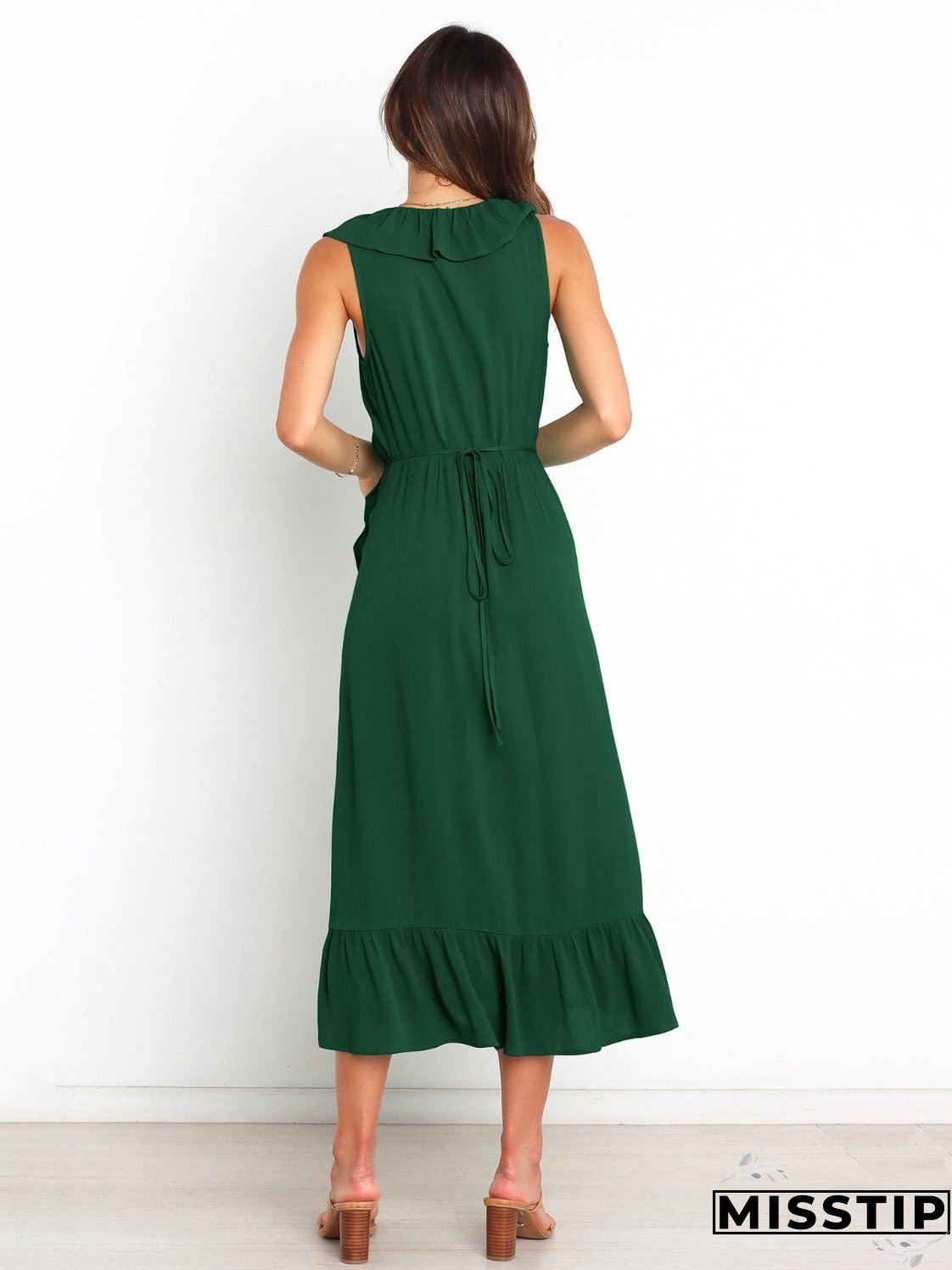 Ruffled Surplice Sleeveless Midi Dress