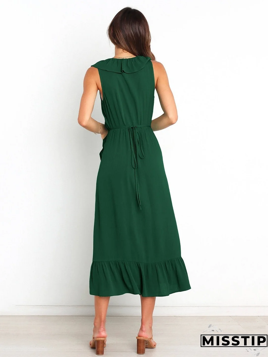Ruffled Surplice Sleeveless Midi Dress