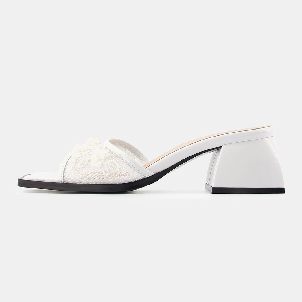 White Mesh Open Square Toe Mules Shoes for Women with Flower Accent Nicepairs