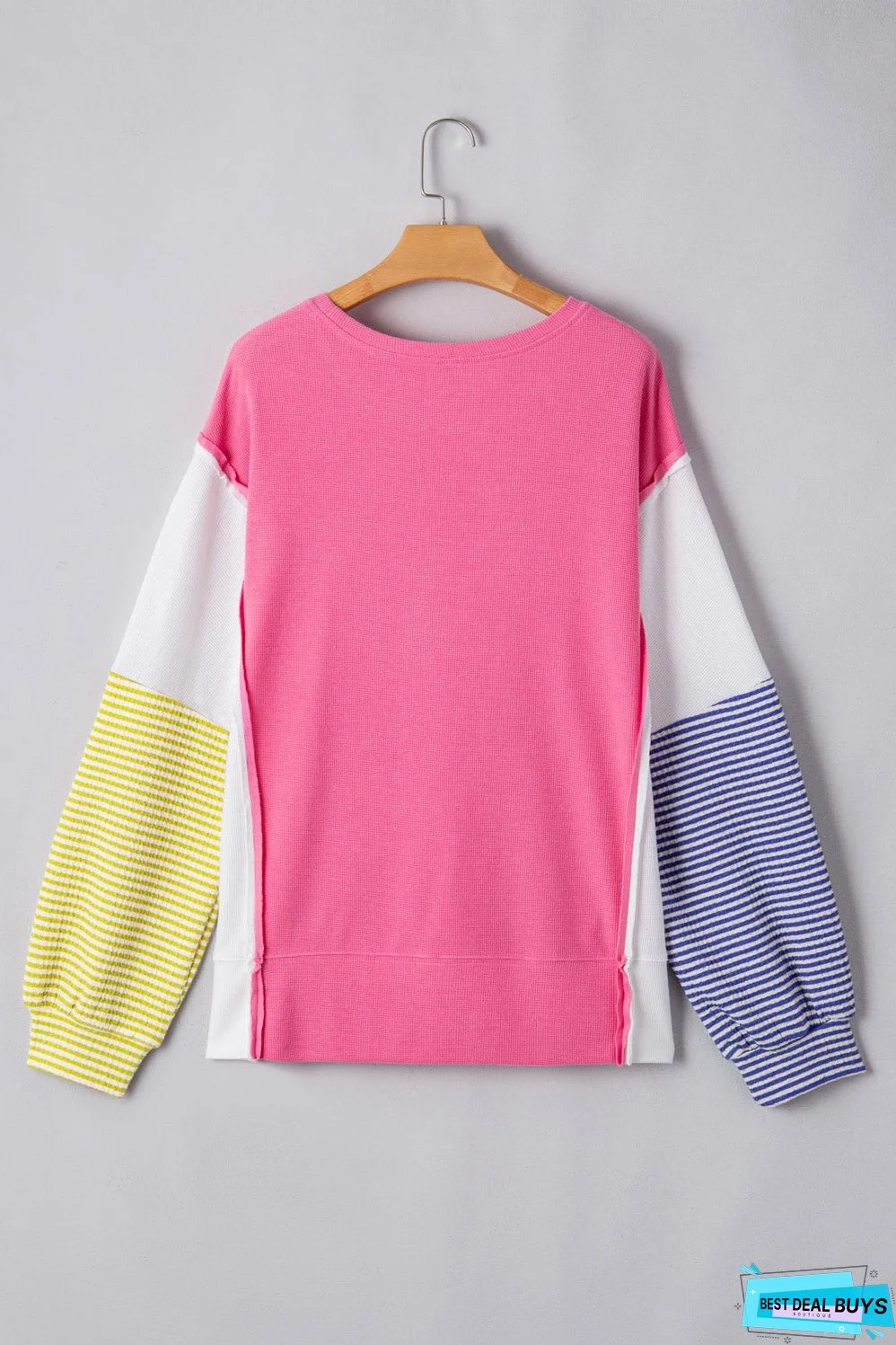 Rose Red Colorblock Patchwork Striped Puff Sleeve Plus Size Top with Slits