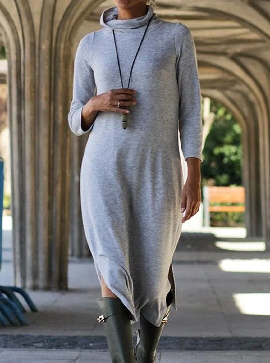 Casual Solid Color Cowl Neck Long Sleeves Shift Dress | EGEMISS