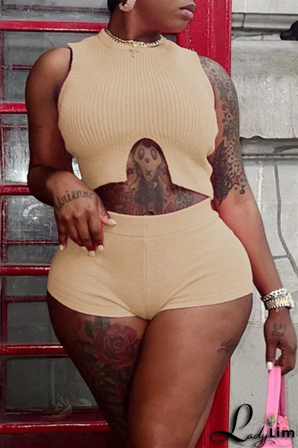 Pink Fashion Casual Solid Basic O Neck Sleeveless Two Pieces