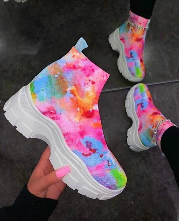 Tie Dye Platform High Heel Short Boots Women Chelsea Boots Shoes Thick Bottom Non-Slip Ankle Boots Autumn Winter Size 43