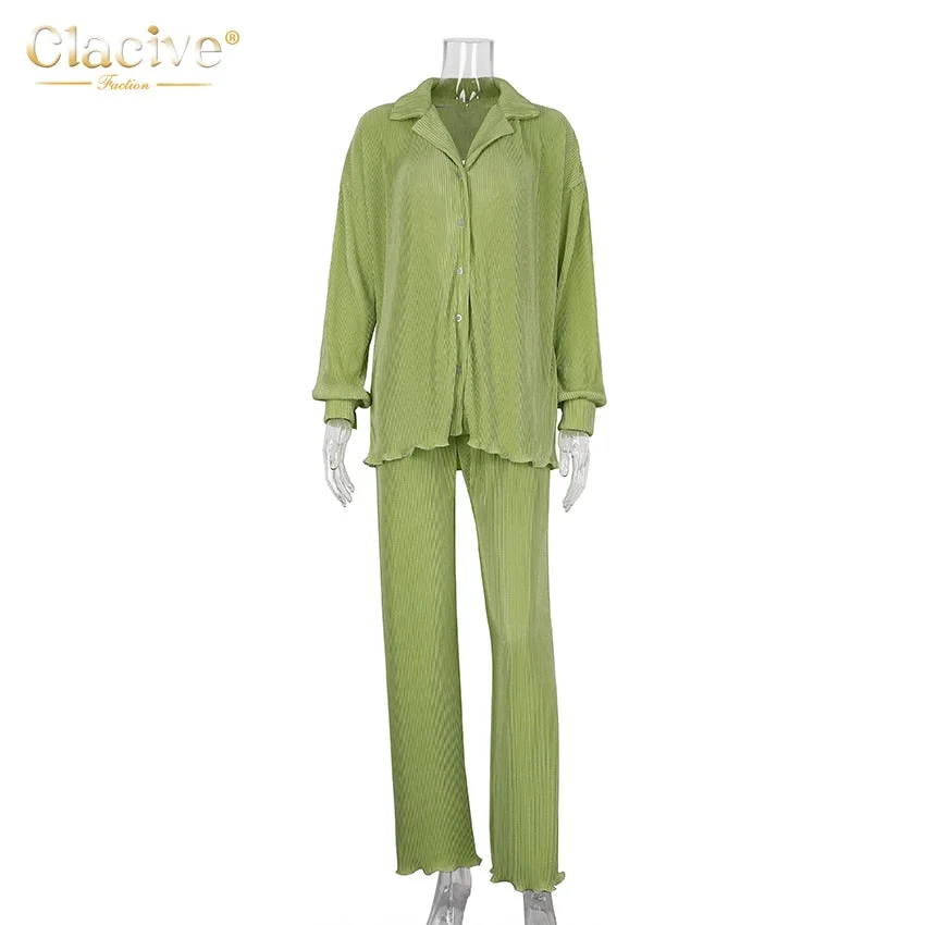 Clacive Casual High Wasit Pants Set Women Autumn Long Sleeve Blouses Matching Wide Trousers Suit Green Pleated 2 Piece Pant Set