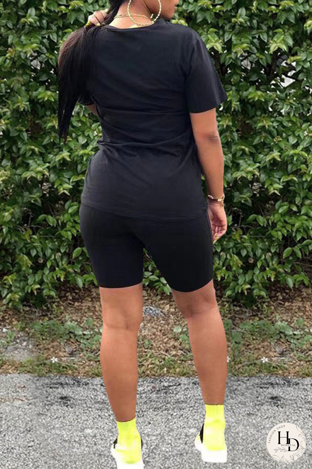 Black Casual Print Split Joint O Neck Short Sleeve Two Pieces