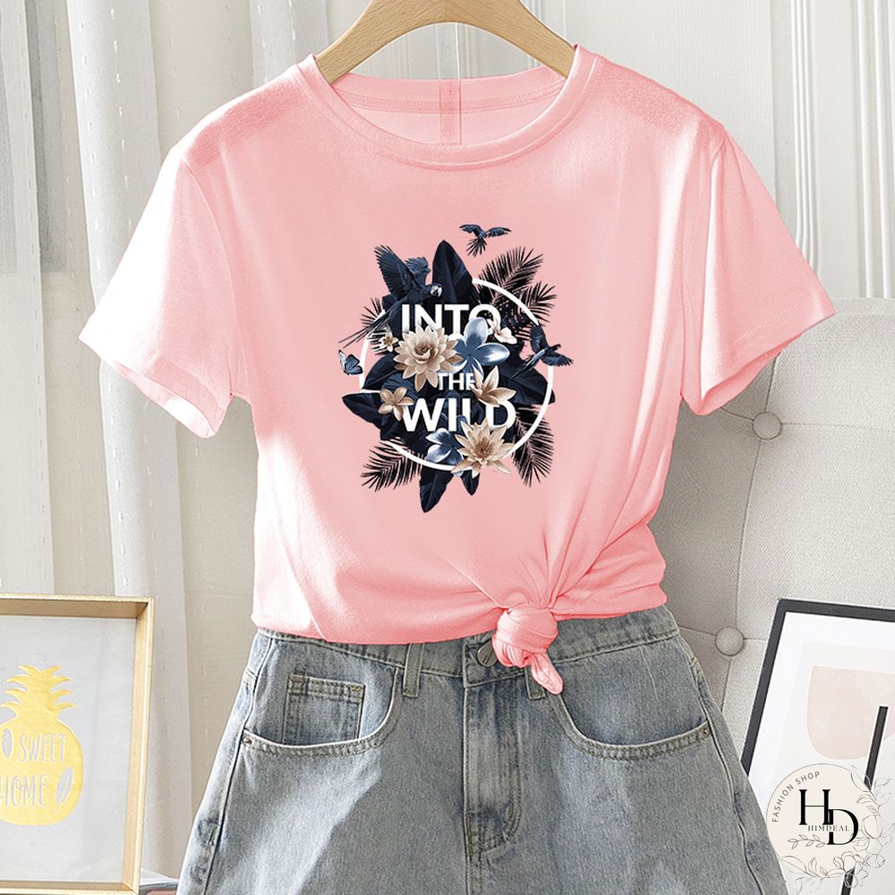 Womens Fashion Short Sleeve Summer Casual Regular T-Shirt Letter Flower Print Ladies