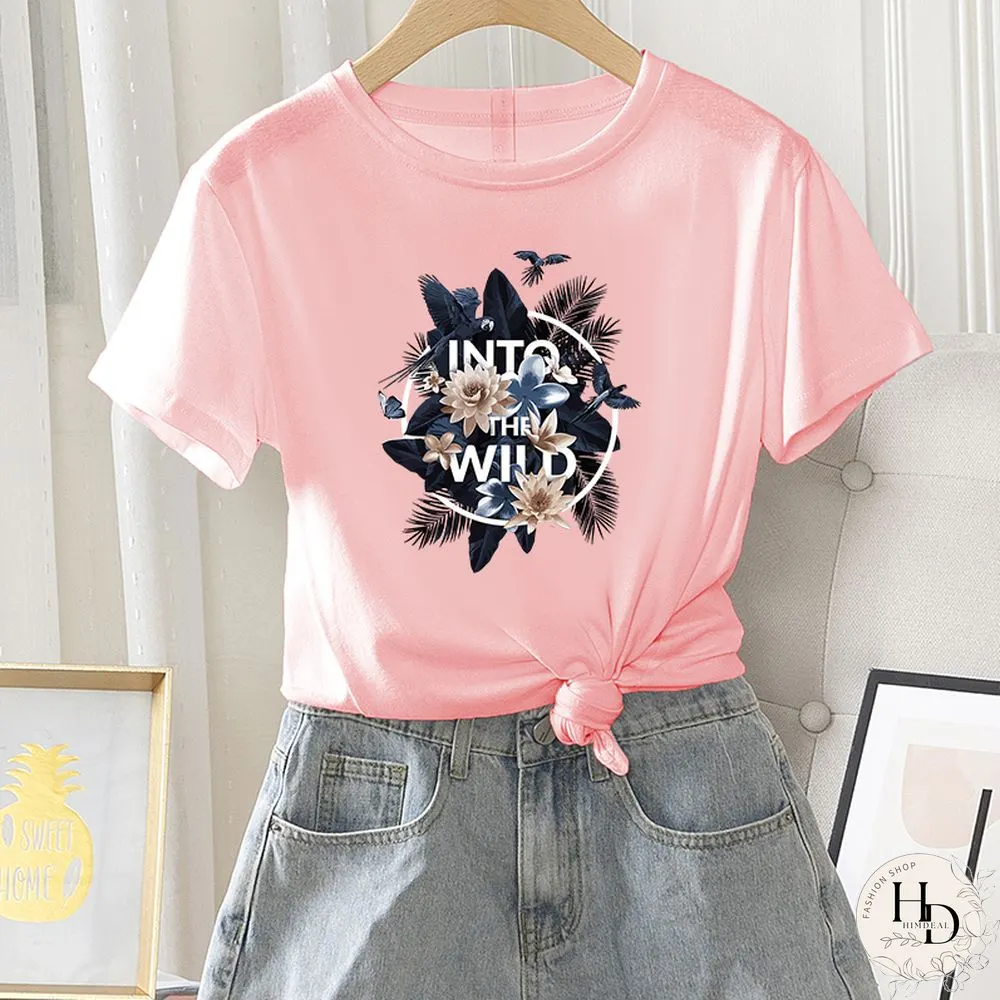 Womens Fashion Short Sleeve Summer Casual Regular T-Shirt Letter Flower Print Ladies