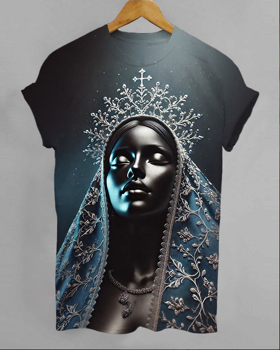 Black Virgin Mary Crew Neck Short Sleeve T-Shirt
