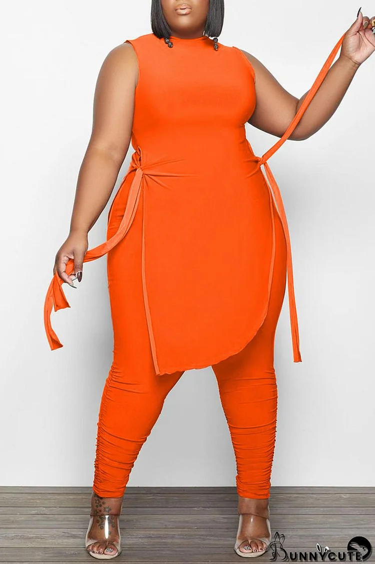 Orange Casual Street Solid Split Joint Slit Asymmetrical O Neck Plus Size Two Pieces