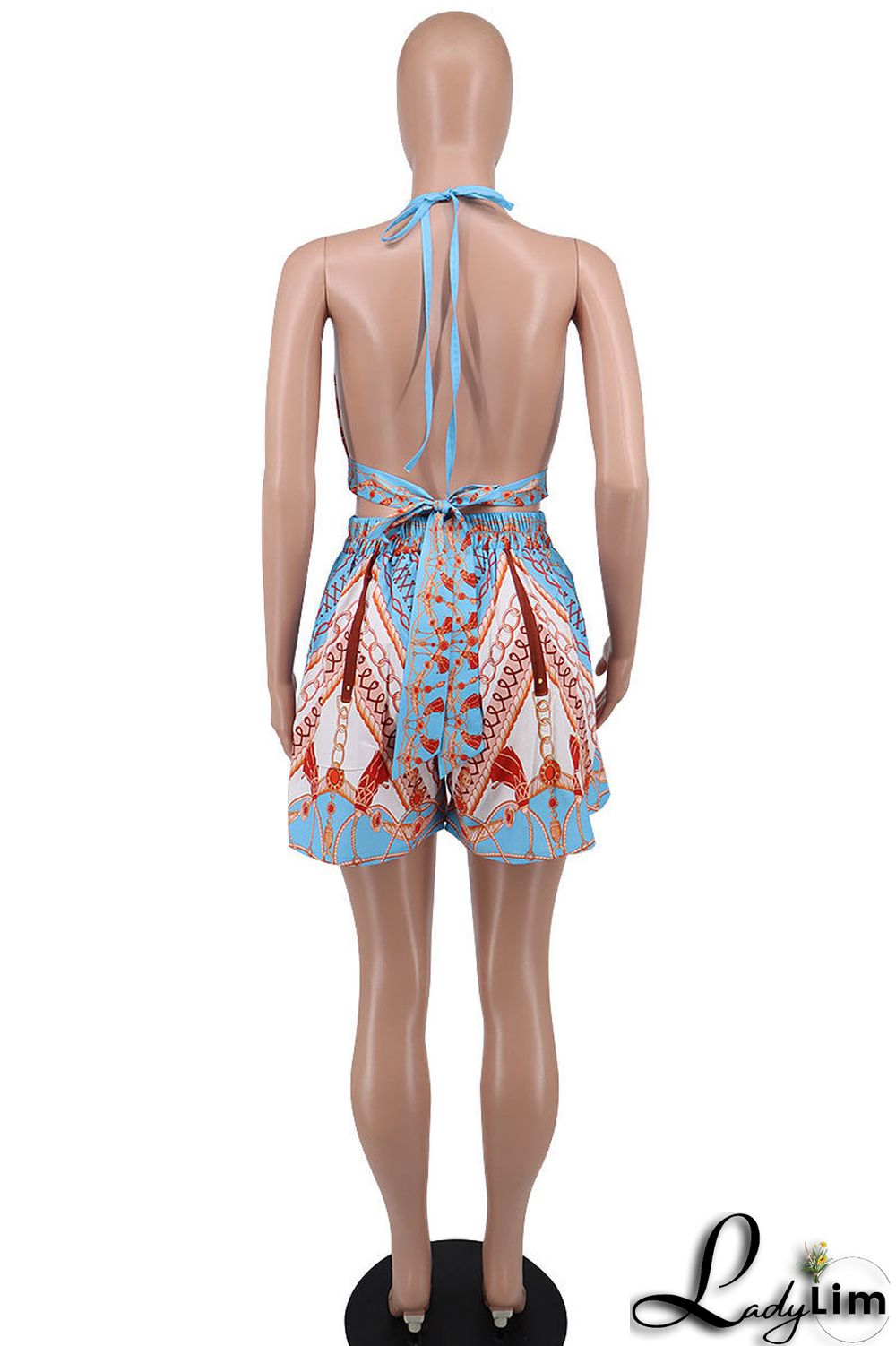 Blue Fashion Sexy Print Bandage Backless Halter Sleeveless Two Pieces