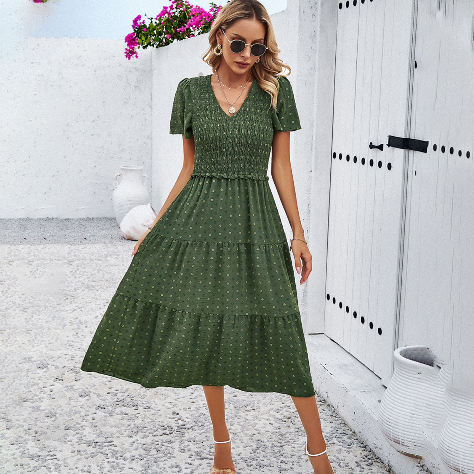 Mature Women's Elegant V-neck Short Sleeve Dress
