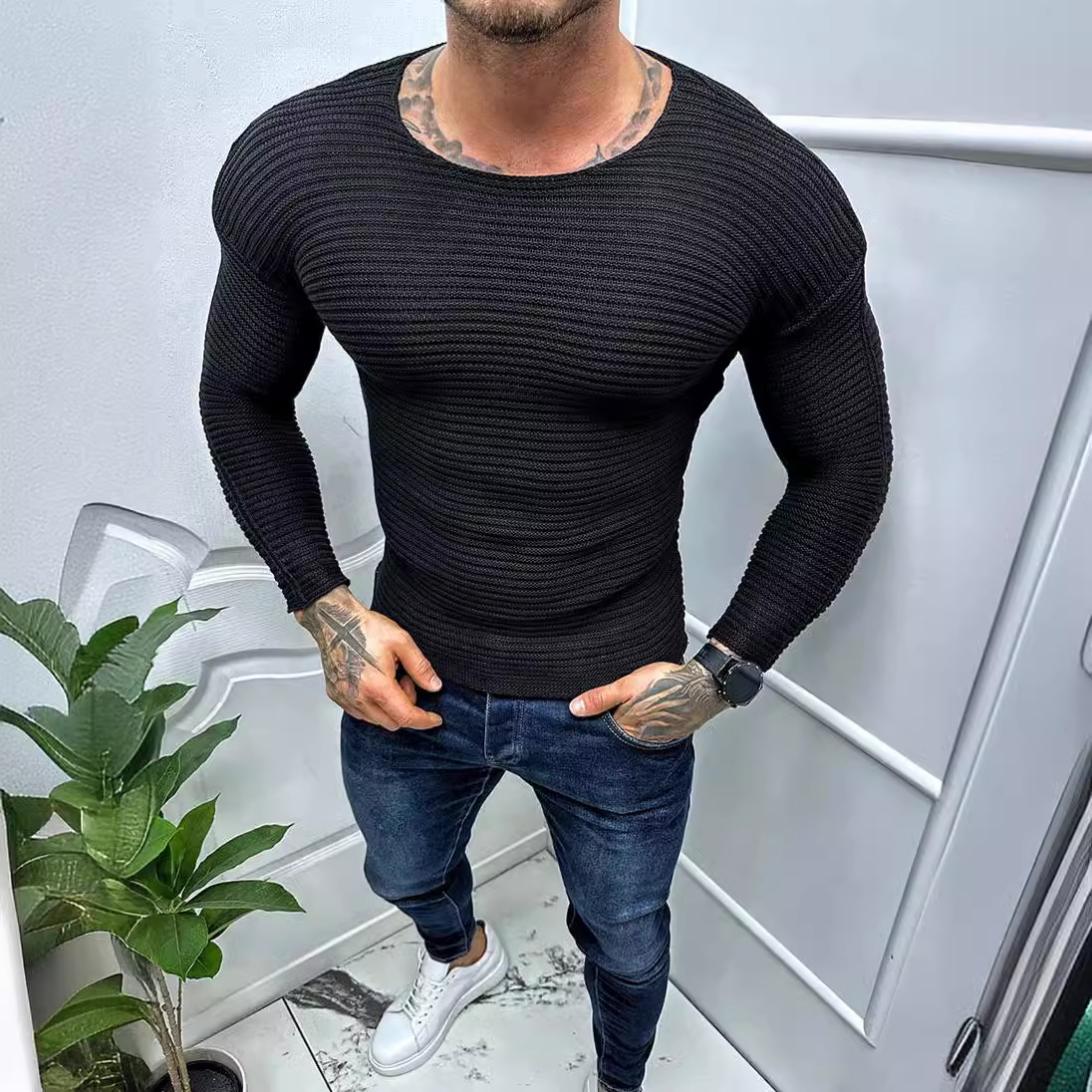 Slim Long Sleeve Crew Neck Pullover Sweater