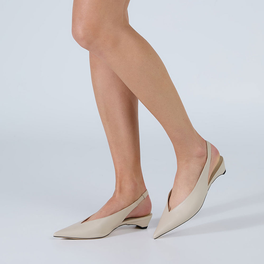 Beige Vegan Leather Pointed Toe Kitten Heel Slingback Pumps Shoes Nicepairs